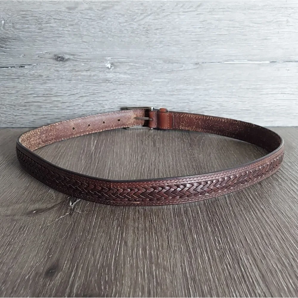 Brown Full Grain Cowhide Braided Belt Solid Brass Buckle Medium